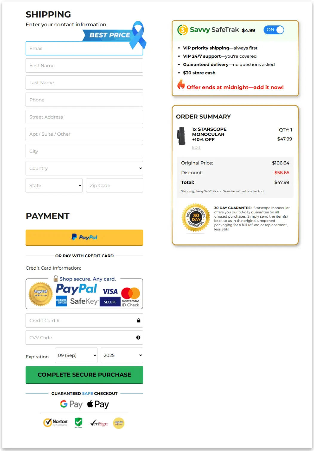 Starscope Monocular Secure Checkout Page
